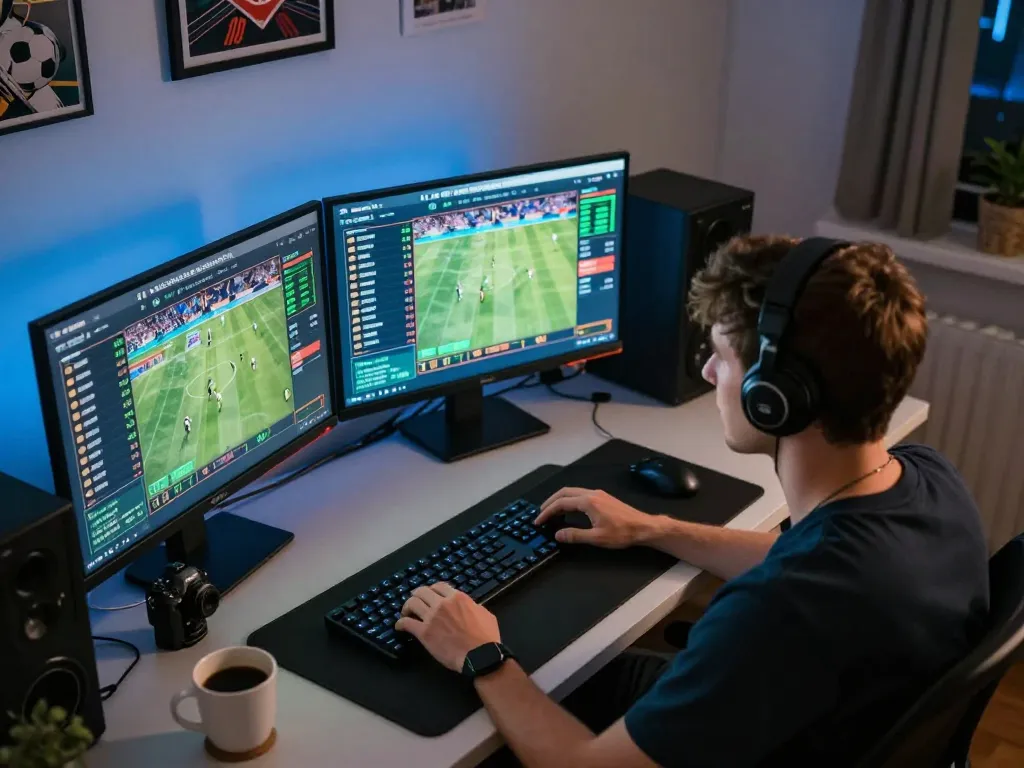 Engaging online sports betting experience on 888top with user placing bets on multiple screens.