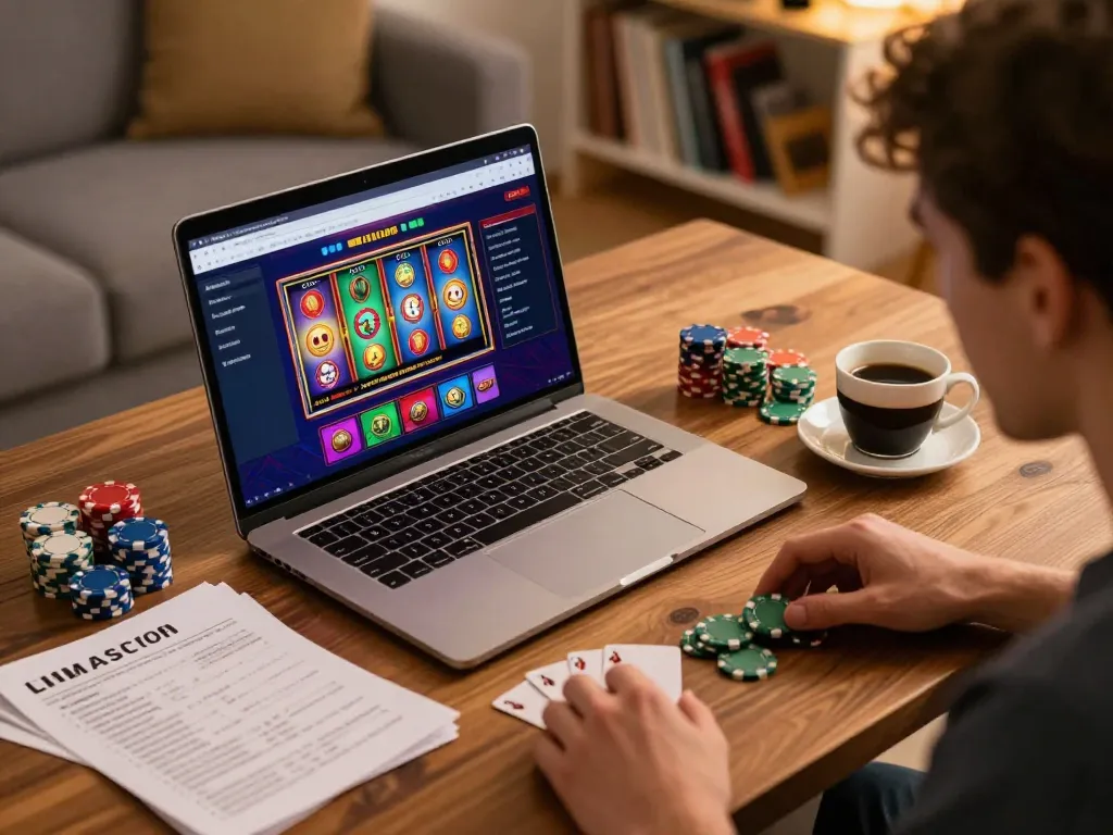 DABET user engaging in an online casino game at home with colorful slots displayed.