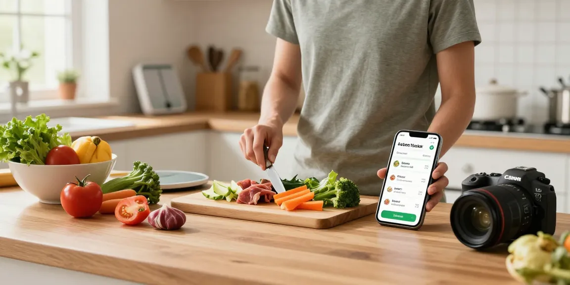 The best AI calorie tracker displayed on a smartphone in a bright kitchen while a person prepares a nutritious meal, emphasizing health and organization.