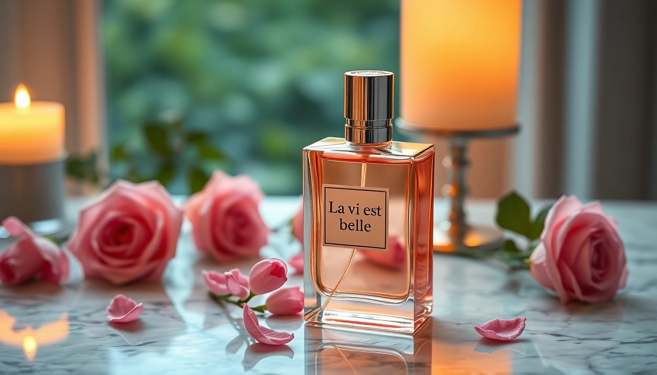 Experience the essence of La vi est belle in a luxurious perfume setup with roses.