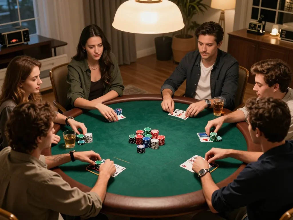 Friends enjoying a poker night at home, playing at a cozy table, showcasing nhà cái uy tín.