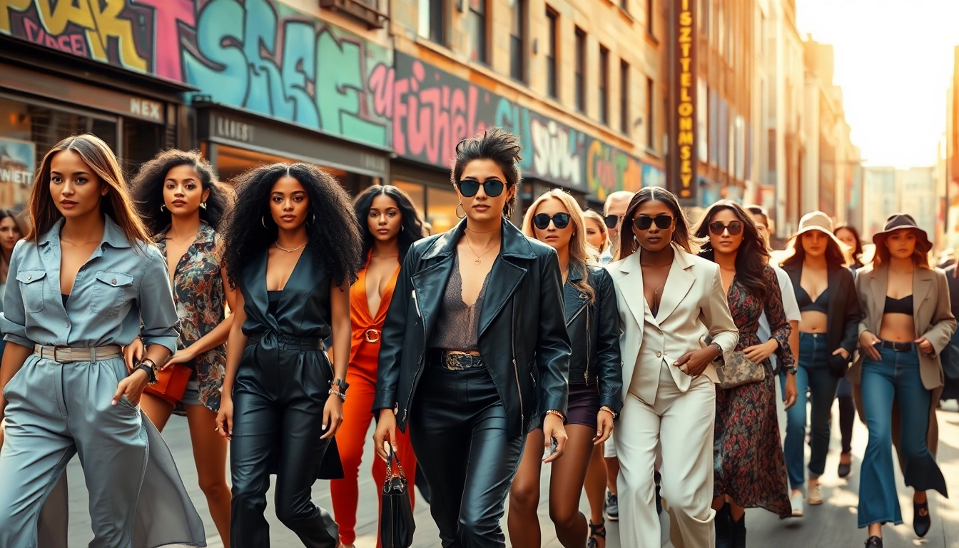 Stylish diverse individuals showcasing the latest Fashion trends in an urban setting.