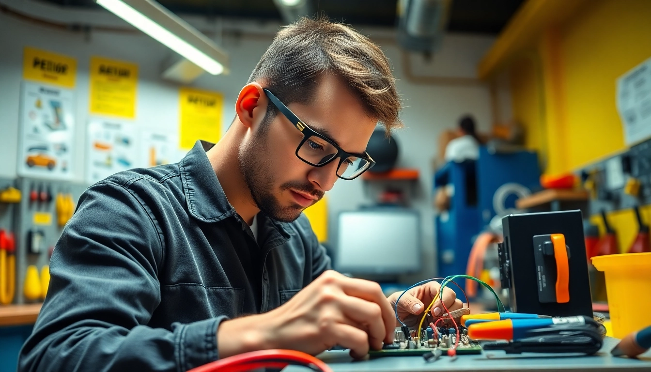 Electrical apprenticeship showcasing a focused apprentice working on a circuit board in a bright workshop.