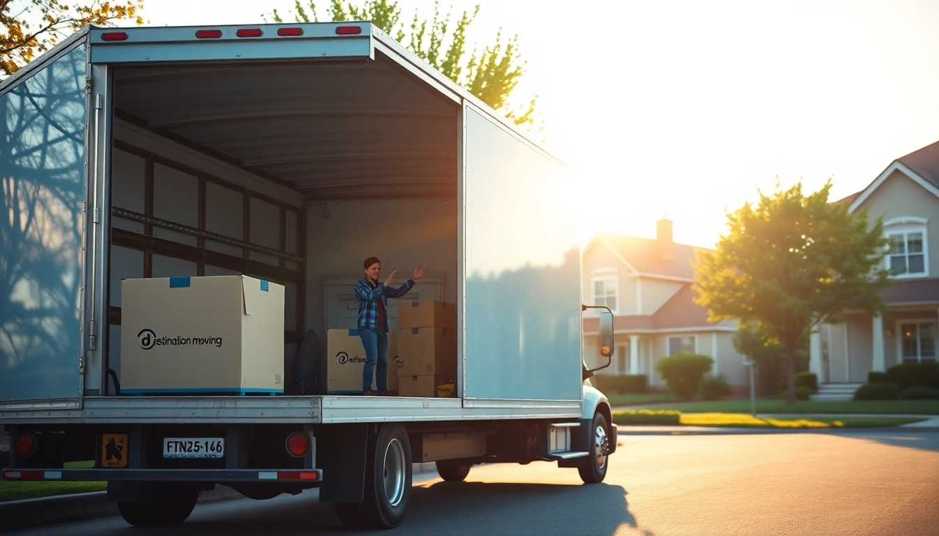 Engaging scene of a moving truck representing destination moving with a friendly crew in a suburban setting.
