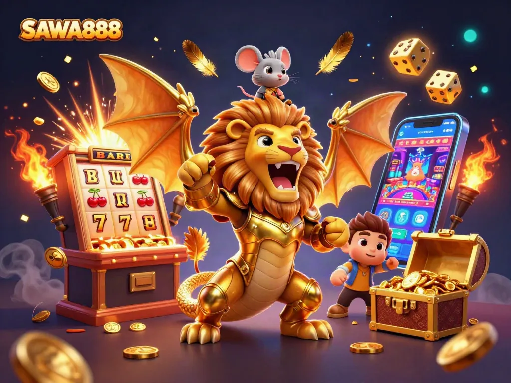 Experience thrilling wins at SAWA888 with a golden armored chimera and jackpot excitement in a casino scene.