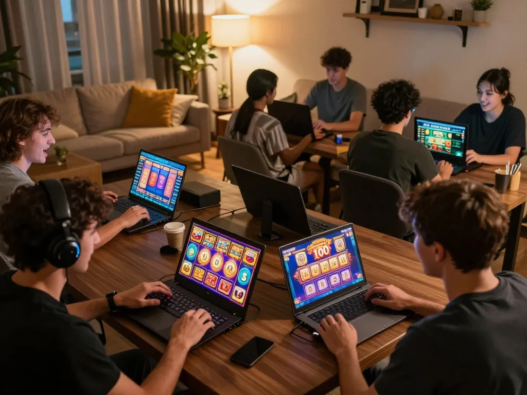 Players enjoying online slots at home, highlighting the excitement of bonus new member 100 promotions.