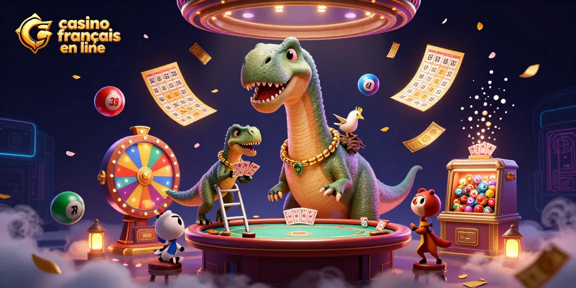 Jouez avec le casino français en ligne au milieu d'une scène dynamique de jeux et de personnages colorés.
