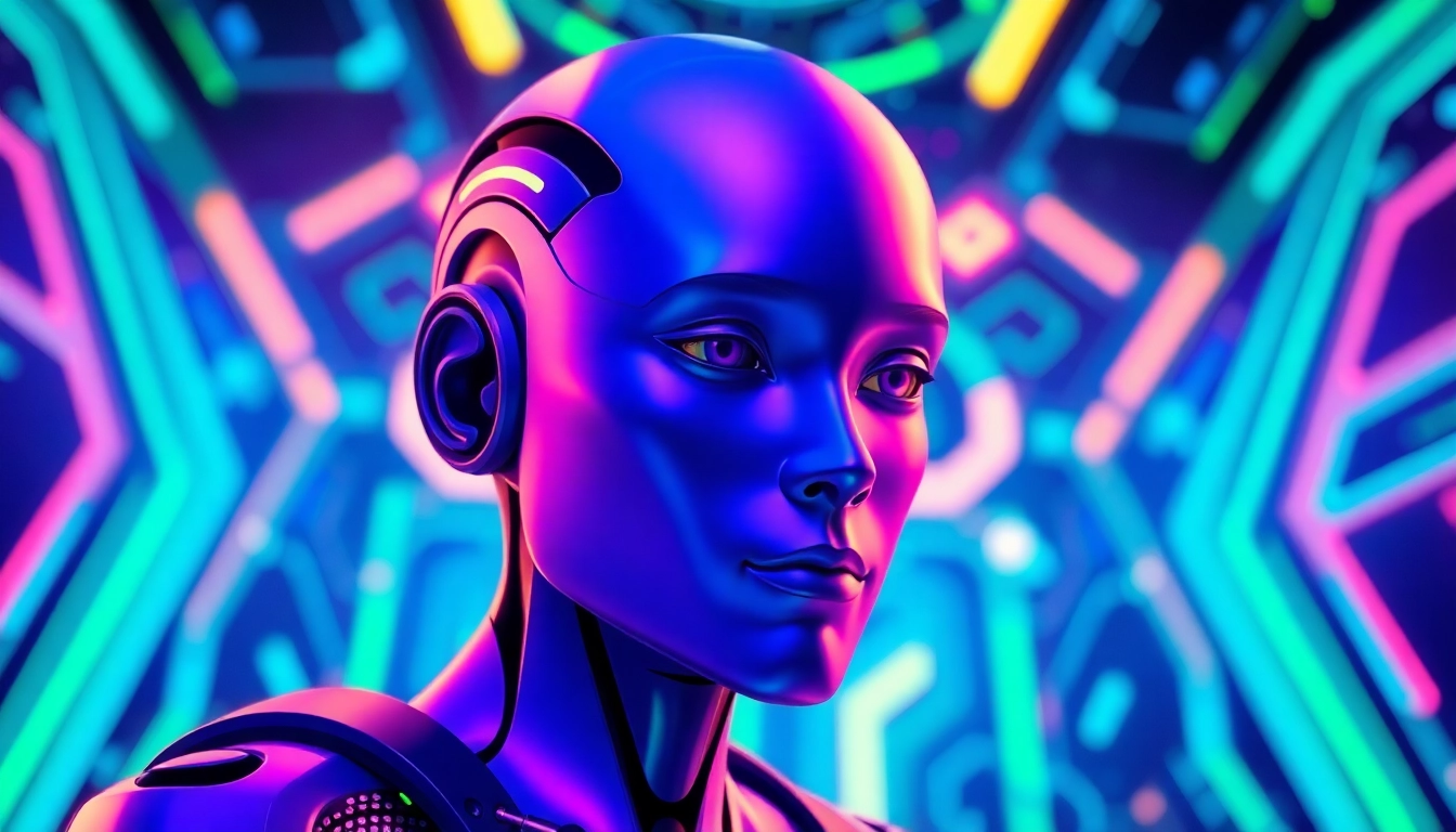 Illustration of an ai avatar in a futuristic digital landscape with vibrant colors.
