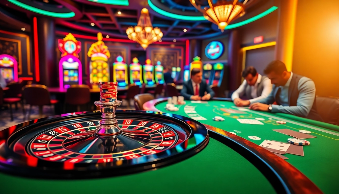 Engaging gamblers at a casino table with vn88 betting activity and vibrant slot machines.