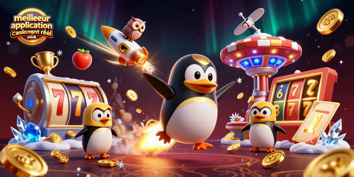 Découvrez la meilleure application casino argent réel avec notre illustration de pingouins audacieux et des symboles de machines à sous.