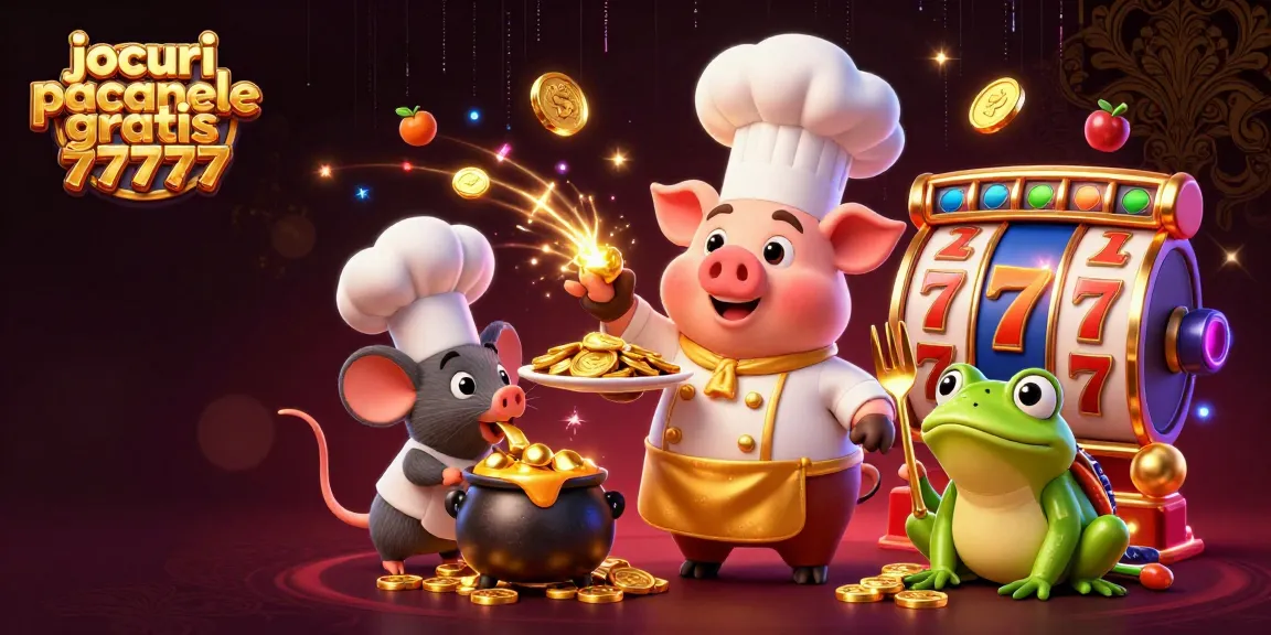 Joacă jocuri pacanele gratis 77777 cu un porc bucătar care servește monede de aur, alături de un șoarece și o broască critică.
