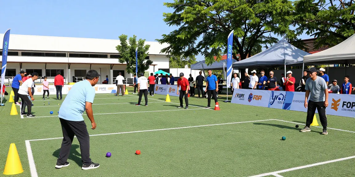 Acara olahraga petanque di fopikotapontiana.org, pemain beragam usia bersaing dengan bola petanque berwarna cerah.