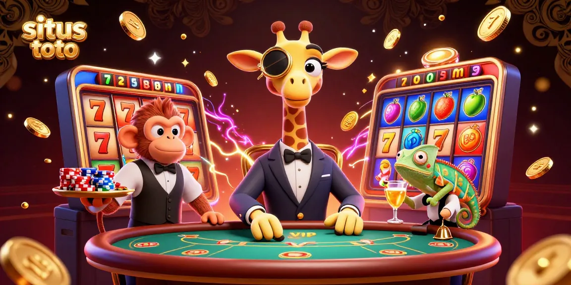 Engage in situs toto action with a high-roller giraffe at a vibrant slot game scene.