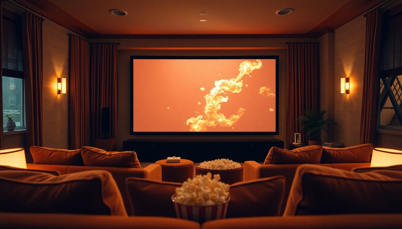 ดูหนัง ภายในโรงภาพยนตร์บ้านที่อบอุ่นมีหน้าจอขนาดใหญ่อยู่เบื้องหน้า