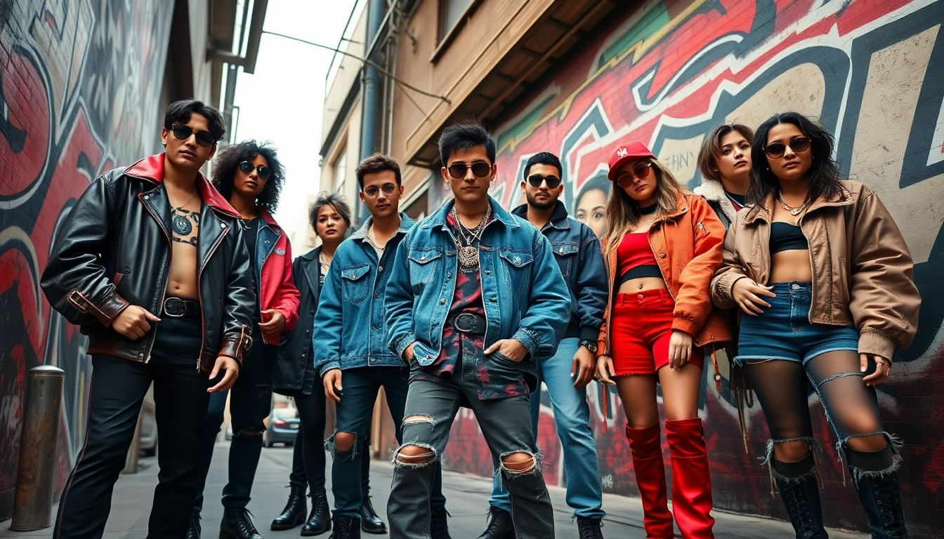 Modern rebel fashion depicted through diverse individuals in edgy streetwear against vibrant urban graffiti.