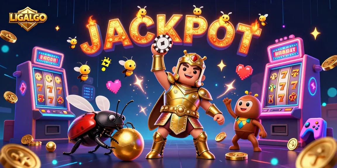 LIGALGO showcases a dynamic 3D scene featuring hercules beetle and dung beetle celebrating a jackpot win in a vibrant casino.