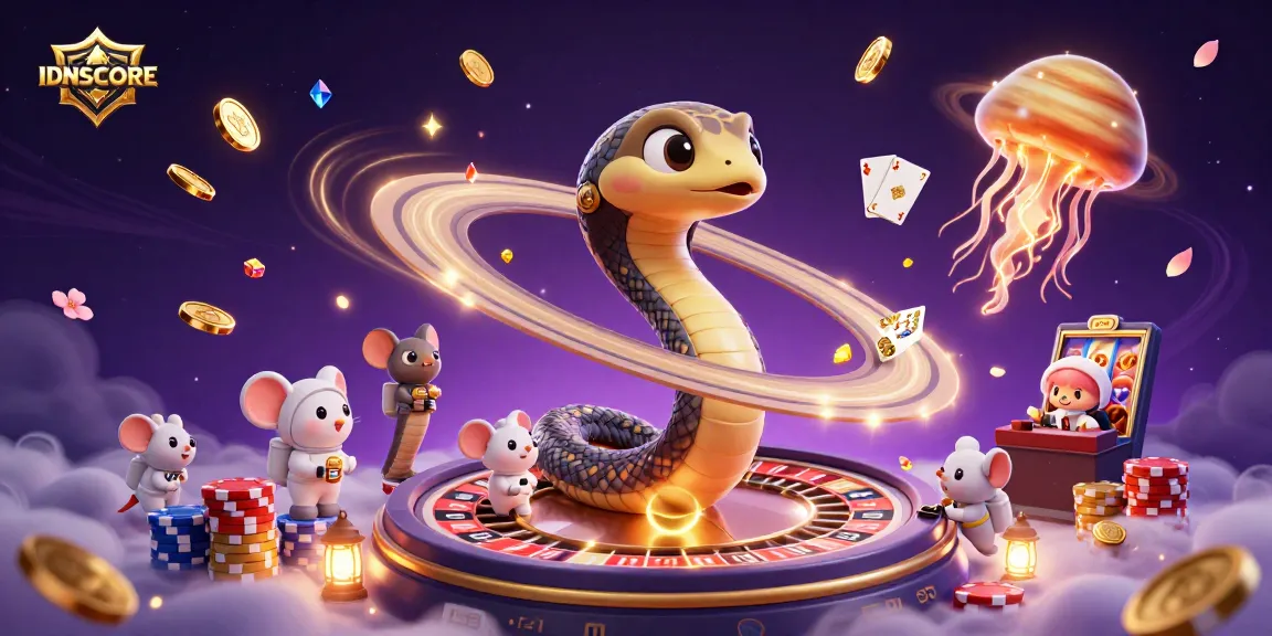 IDNSCORE offers an interactive gaming experience with vibrant visuals including a roulette wheel and slot machine.
