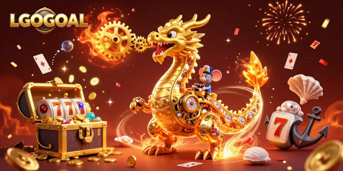 Experience jackpot excitement with LGOGOAL, featuring a golden dragon amidst coin and slot symbols.