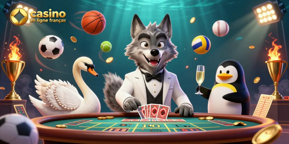Jouez au casino en ligne français avec un loup élégant, un cygne, et un pingouin, dans un décor festif de jeux et de paris.