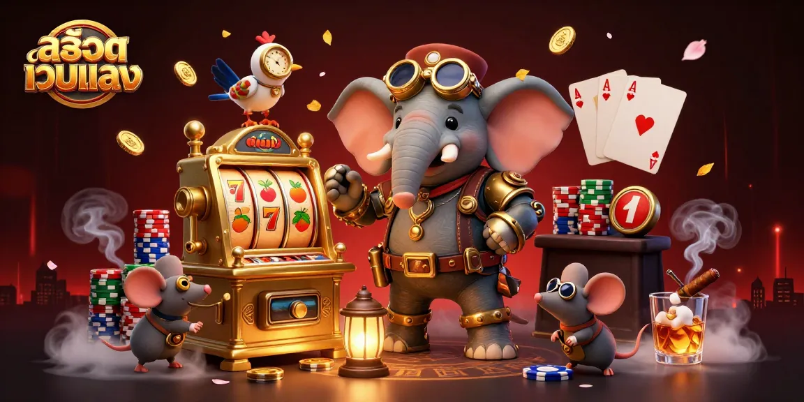 Engaging scene of สล็อตเว็บตรง illustrated with steampunk characters operating a slot machine, evoking casino excitement.