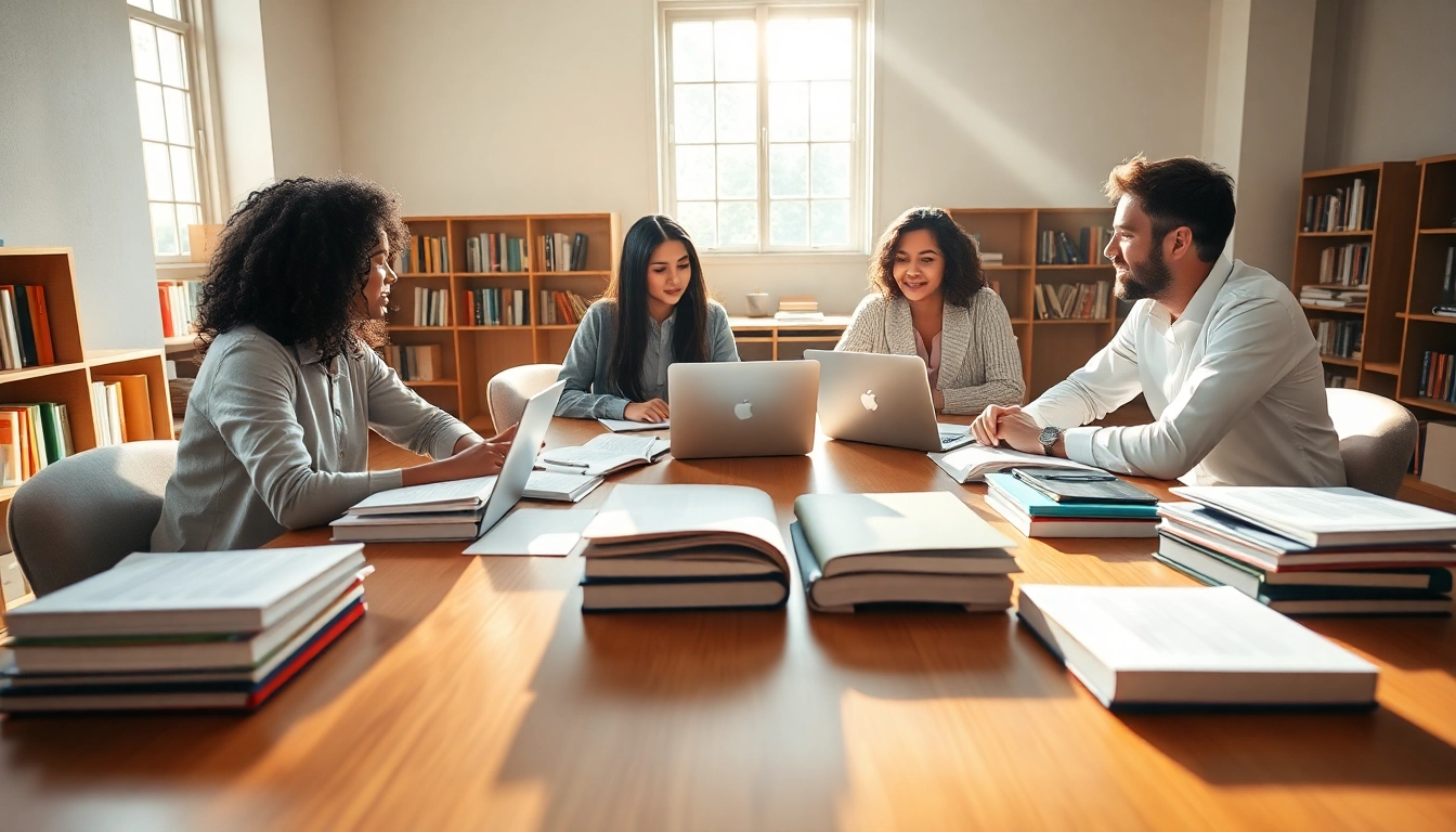 Engaged TOEFL test takers for hire collaborating in an inviting study space.