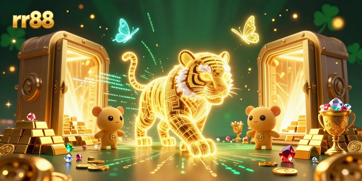 Experience the thrill at rr88 with our vibrant casino scene, featuring a golden tiger amid dazzling treasures.