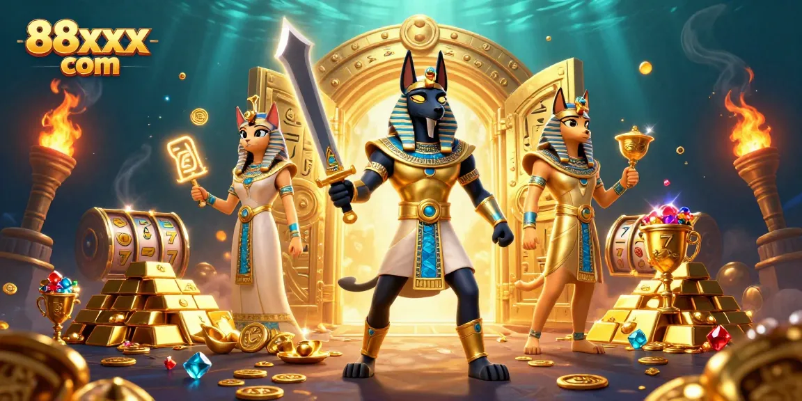 Engage with the vibrant 88xx com slot scene featuring Anubis and Bastet amid treasures and gaming elements.
