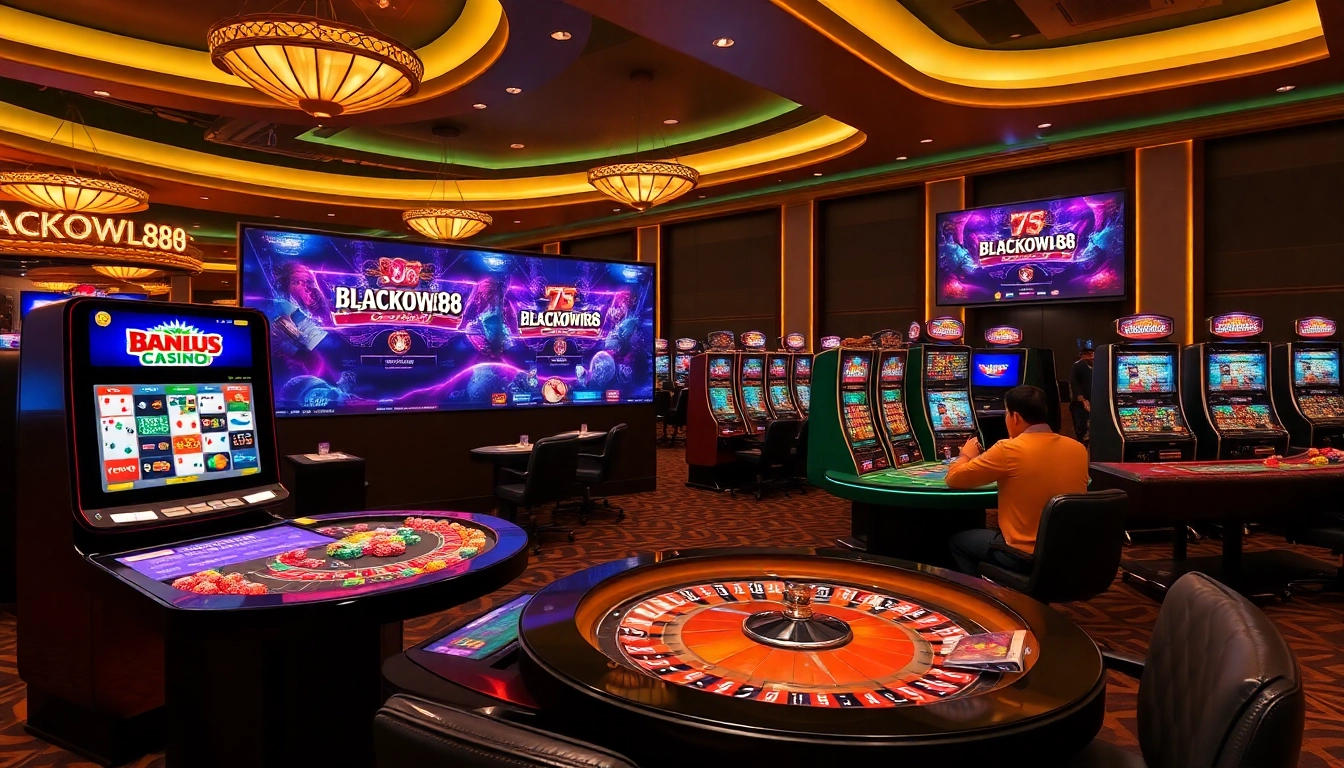 Experience the excitement of BLACKOWL88 with vibrant slot machines and engaging players in a luxurious casino.