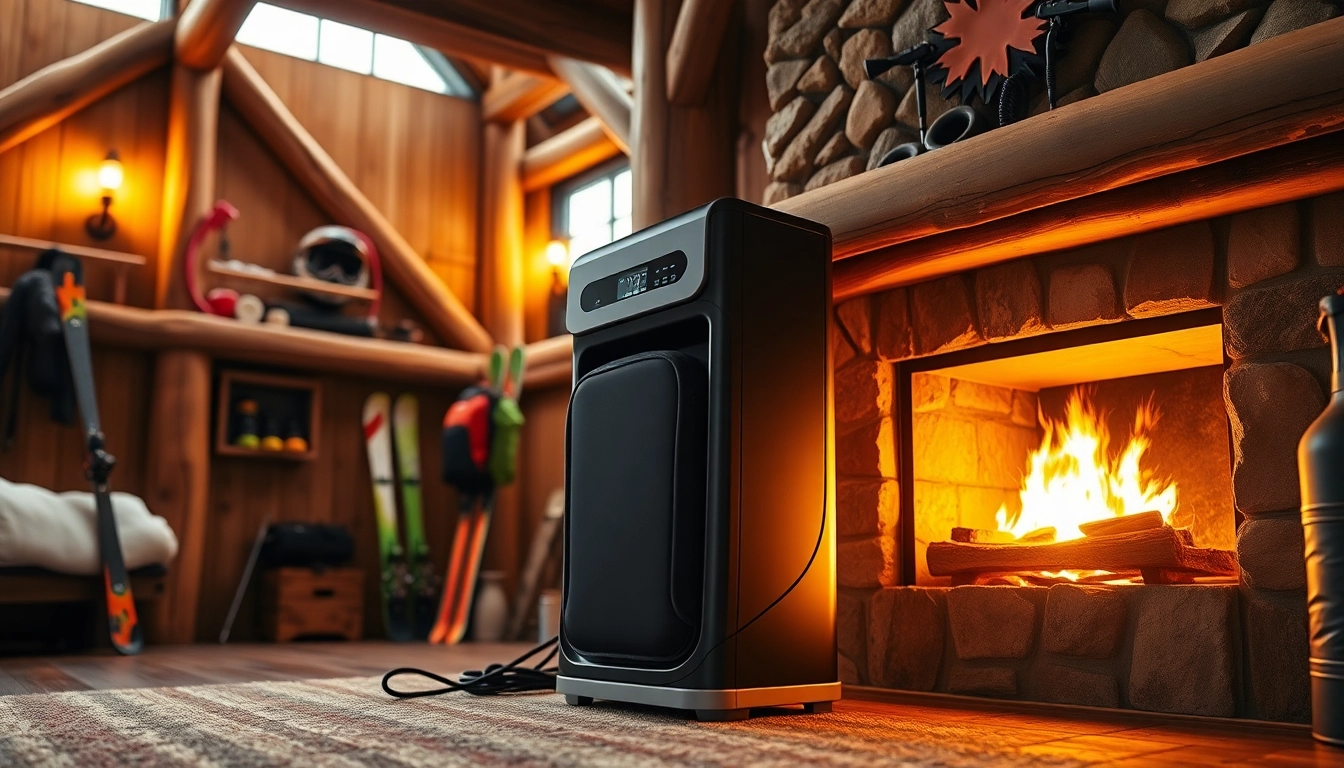 Boot bag dryers displayed in a cozy ski lodge setting with warm lighting.