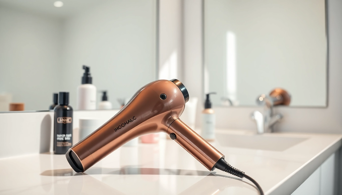 Stylish Ionic blow dryer showcased on a minimalist bathroom counter with hair care products.