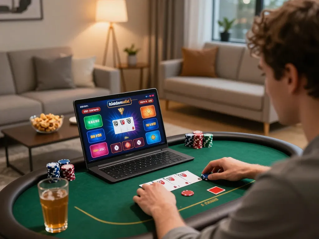 Engaging online poker session featuring thehiddenwiki game interface, dynamic player interaction, and cozy home setting