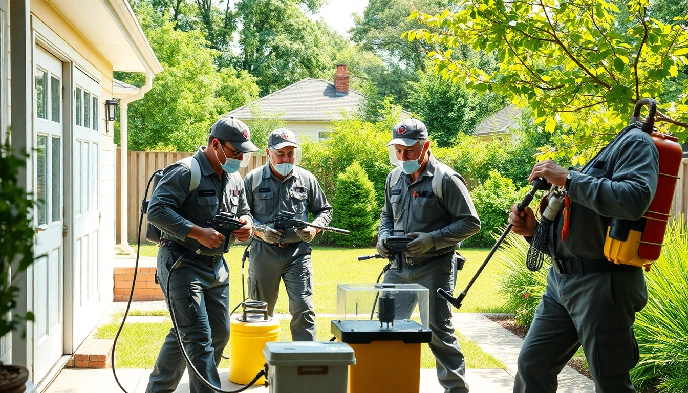 Open now insect exterminator team efficiently eliminating pests in a bright suburban garden.