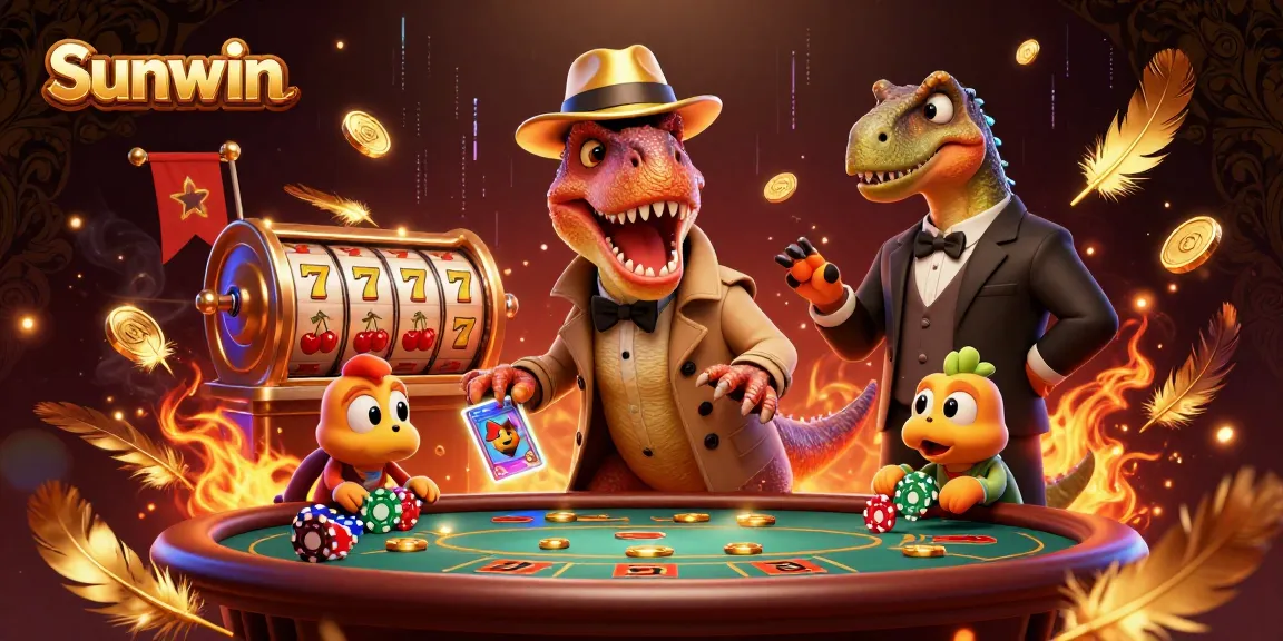 Sunwin showcases thrilling casino action with a velociraptor card counter at a blackjack table.