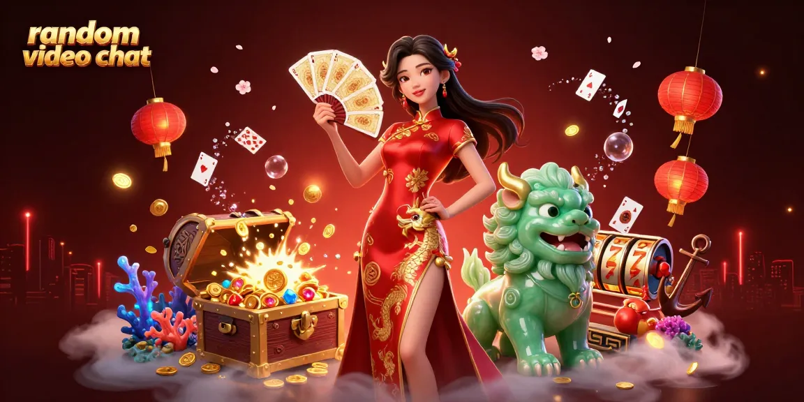 Experience the excitement of random video chat with vibrant visuals of characters and casino elements.