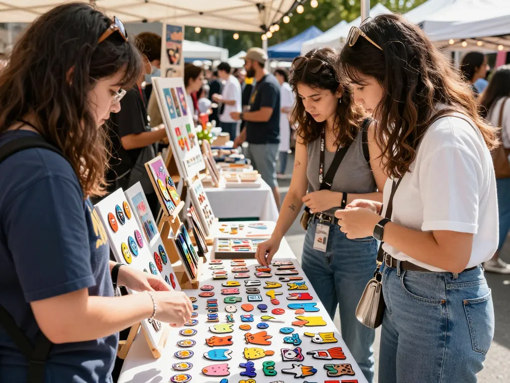 Custom acrylic pins on display at an outdoor artist market with a vibrant atmosphere.