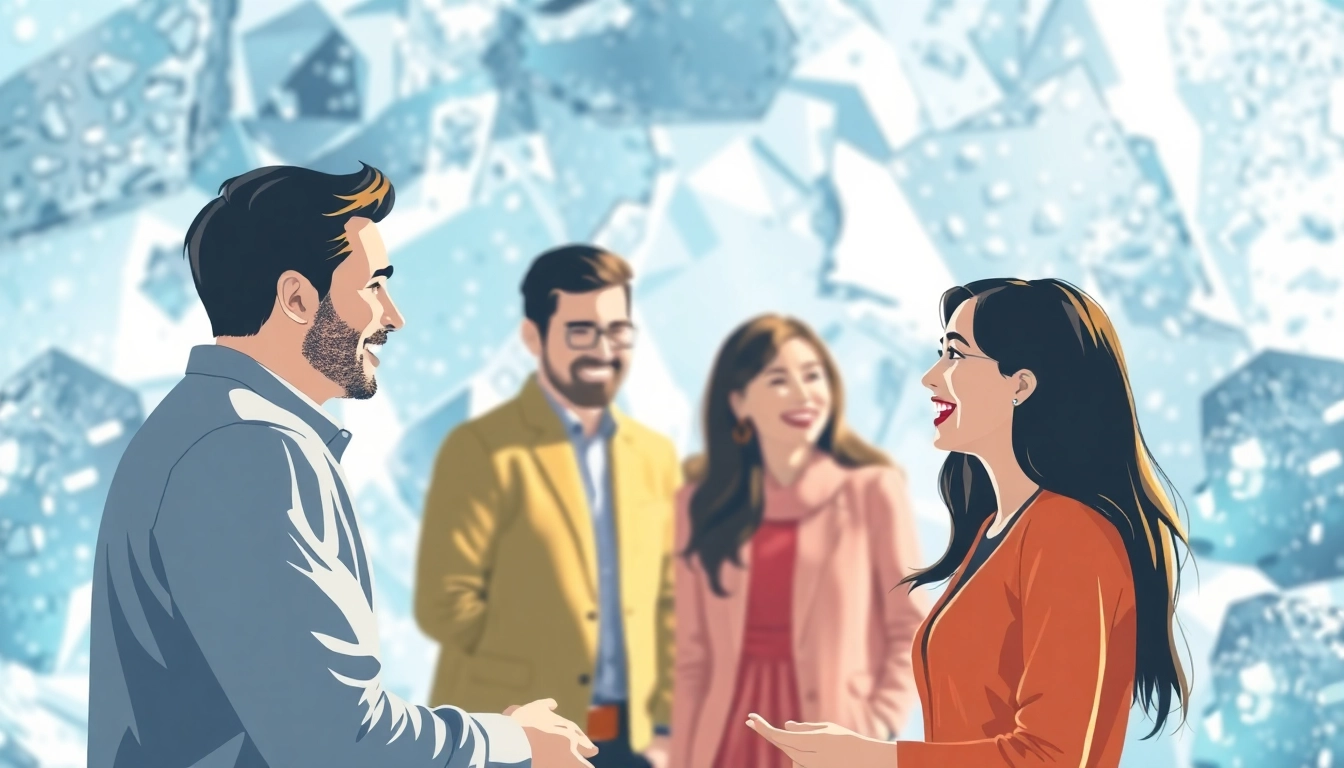 Break the ice origin illustrated with two engaged individuals overcoming social barriers.