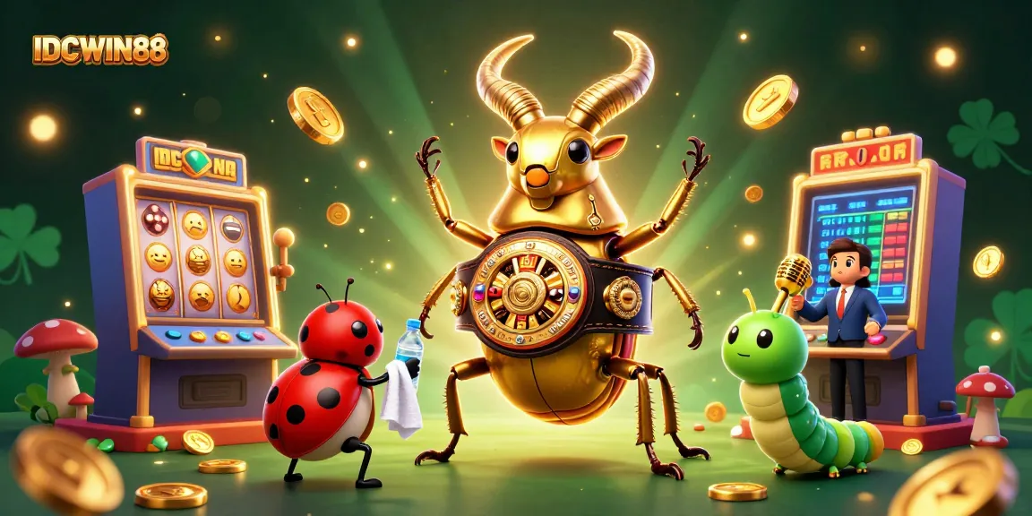 Experience thrilling action with IDCWIN88 as a golden stag beetle competes beside vibrant slot machines.
