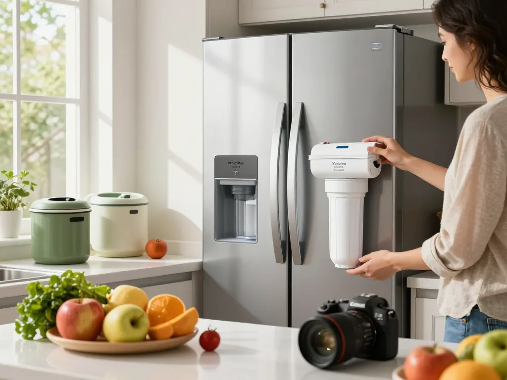 Replacing the Waterdrop 4396508 Refrigerator Water Filter in a bright kitchen with fresh produce around.