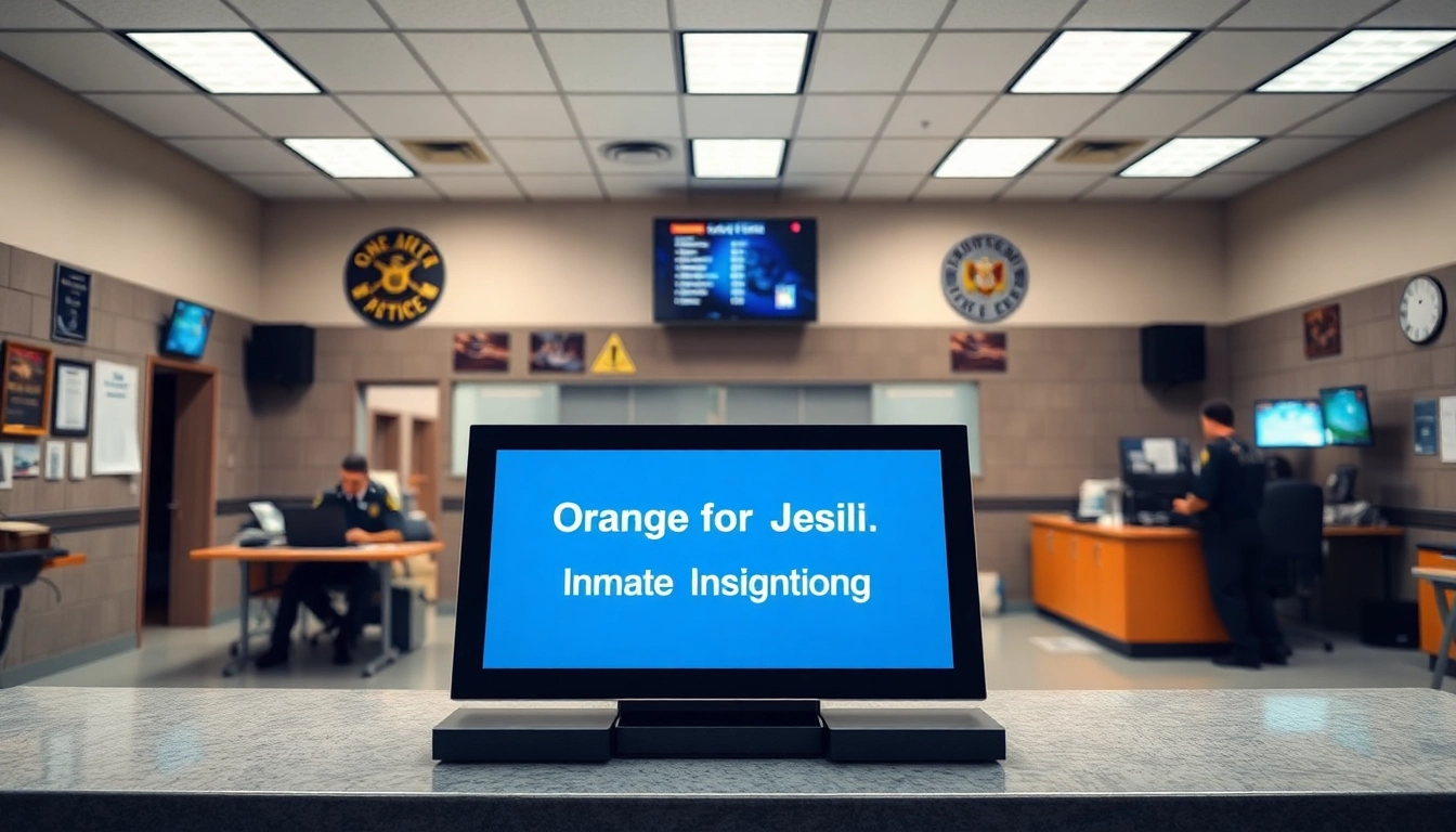 Illustration of Orange County Jail inmate booking information displayed in a police station.