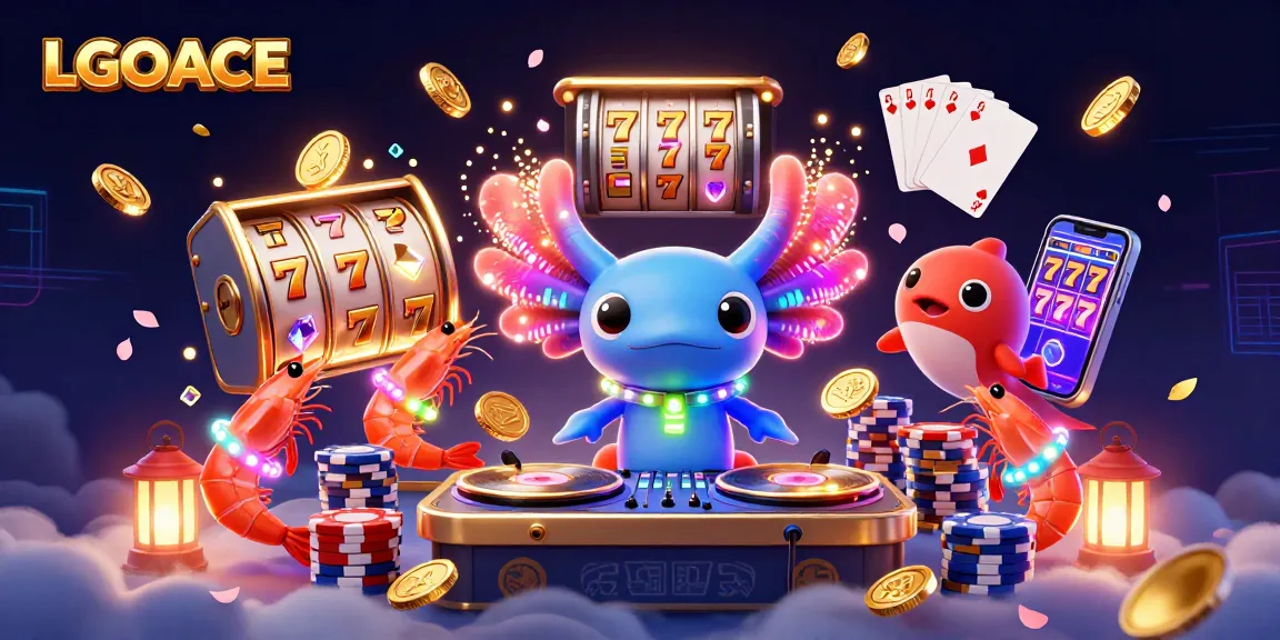 LGOACE slot gaming scene with vibrant axolotl DJ, sparkling gems, and cascading coins.