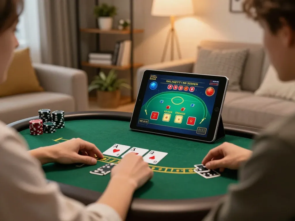 Person enjoying SAY88's poker game on a tablet, creating a cozy home gaming atmosphere.