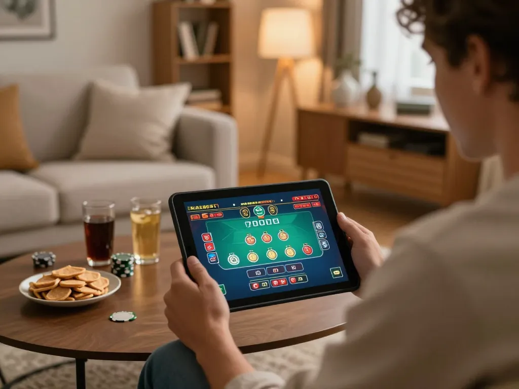 Agen Casino Online user engaging in a live dealer game on tablet in a cozy living room