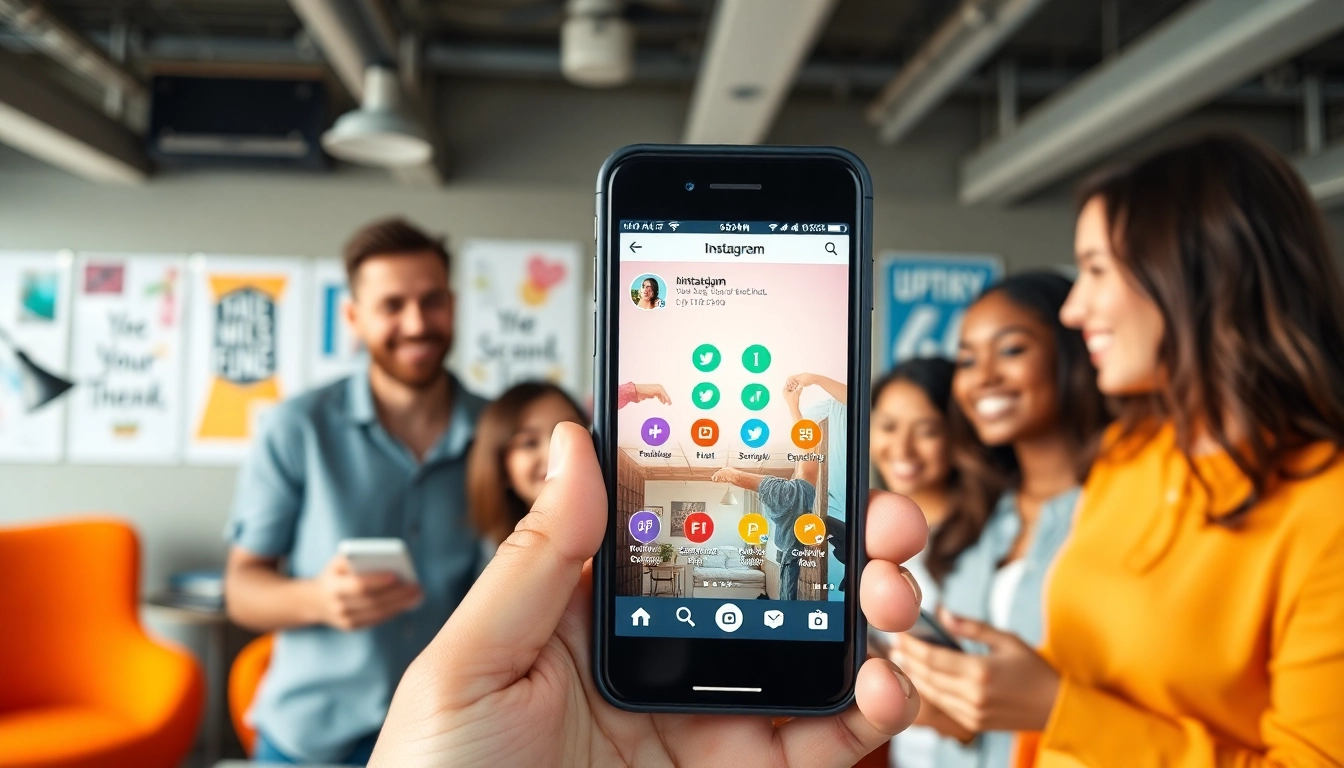インスタ いいね 購入の成功を祝うチームの様子を示すスマートフォンとアイコンの画像