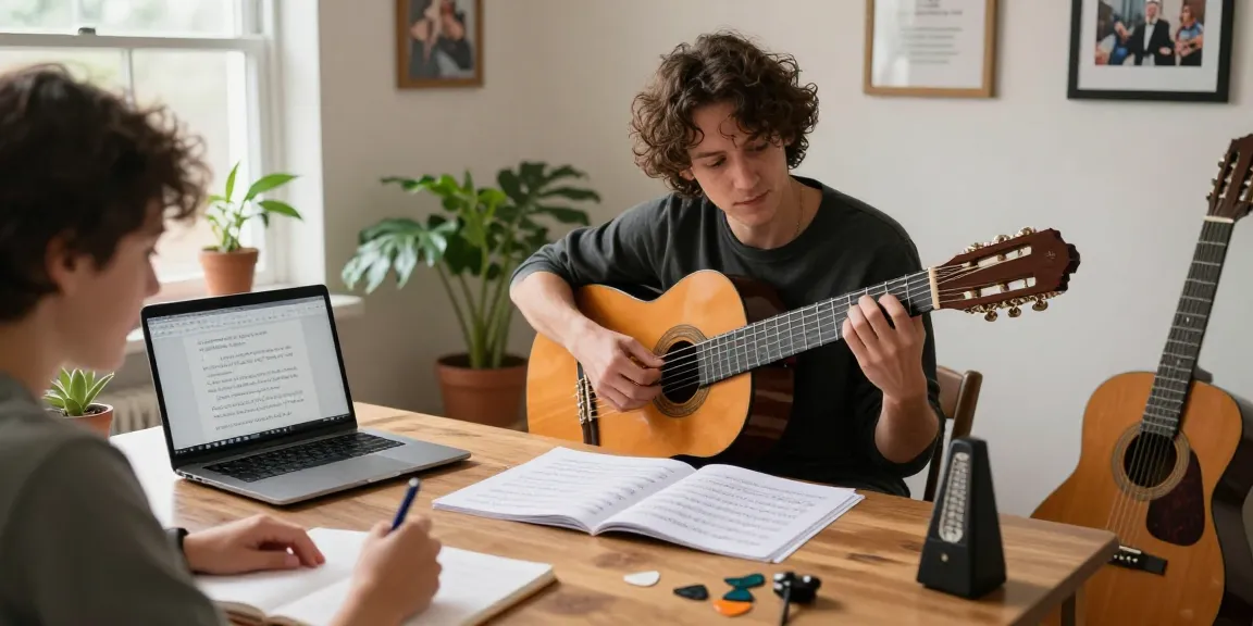 Engaging online classical guitar lessons where an instructor demonstrates techniques in a warm home studio setting.