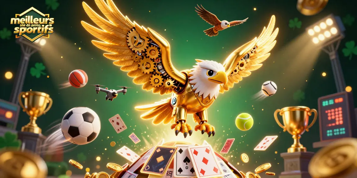 Illustration dynamique des meilleurs sites de paris sportifs avec un aigle cybernétique et des éléments sportifs.