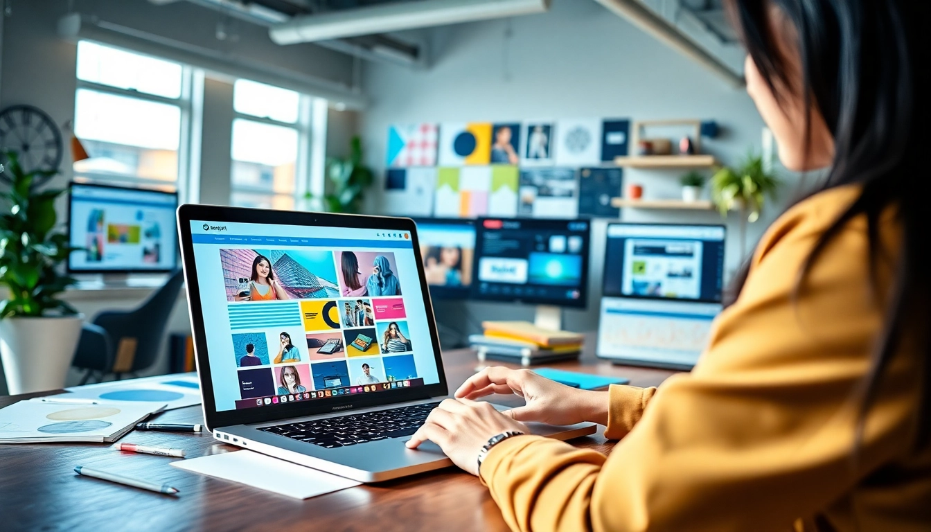 A web design company creating innovative site layouts in a vibrant office setting.