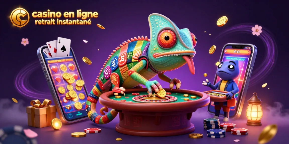 Casino en ligne retrait instantané avec un caméléon propriétaire attrapant des pièces d'or parmi des jeux scintillants.