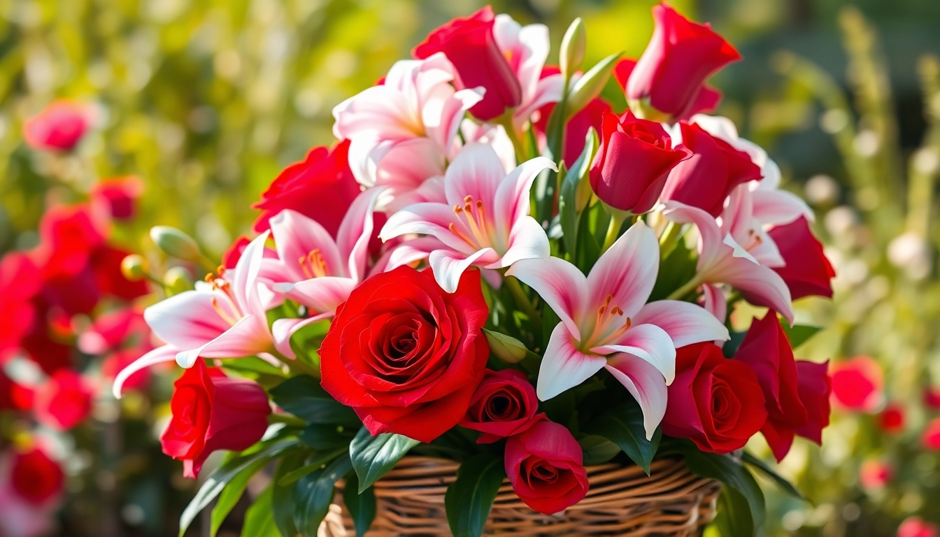 Beautiful valentines flowers bouquet featuring red roses and pink lilies in a garden setting.