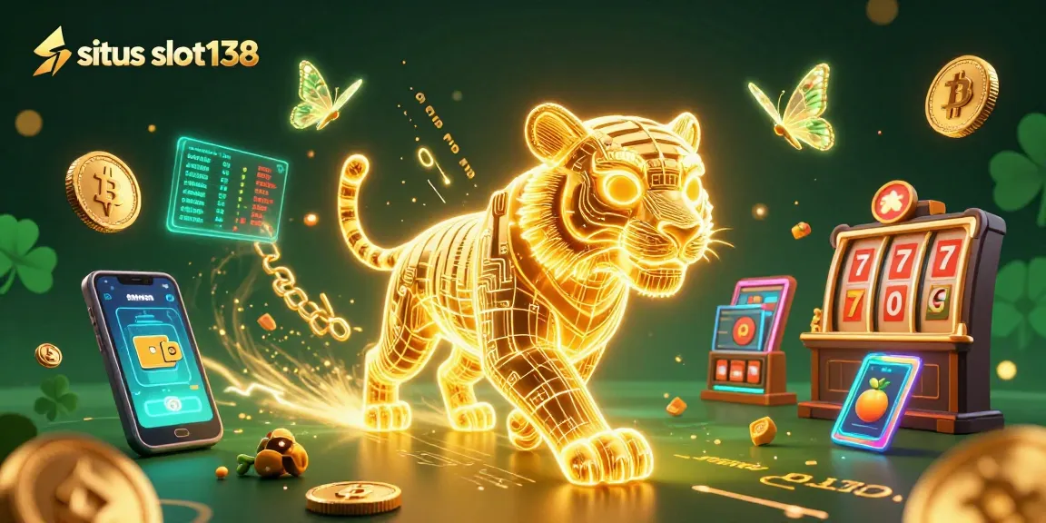 situs slot138 showcases a golden tiger in a digital casino environment filled with crypto elements and slot game icons
