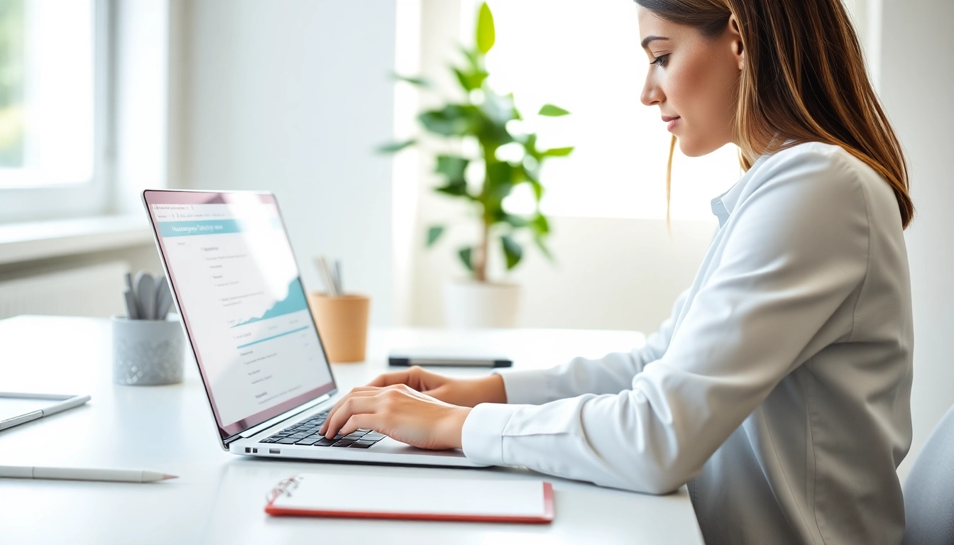 Completing the eta uk application form on a laptop in a bright, modern office environment.